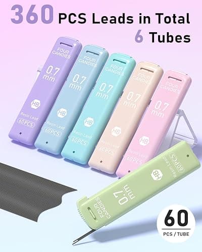 Four Candies 0.7mm Lead Refills in Cute Case, Pack of 360 PCS Black HB #2 Break Resistant Mechanical Pencil Refills, 6 Tubes of 0.7 Leads, 60 Pieces per Tube thumbnail 4