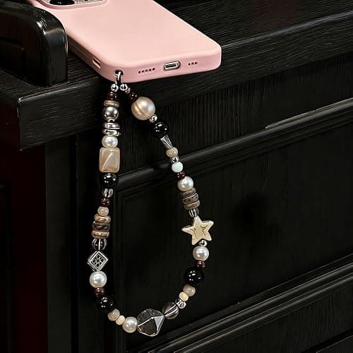 Vintage Brown Beaded Phone Charm Wrist Strap Star Heart Pearl Phone Chain Wristlet Short Camera Charm Strap Cute Beaded Wristlet Keychain Cellphone Charms Aesthetic Cellphone Wrist Lanyard for Women thumbnail 3