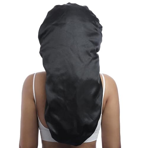 AWAYTR Long Satin Bonnet for Women - Double Layer Elastic Silk Bonnet for Braids Hair Sleeping Cap with Tie Band (Black) thumbnail 8