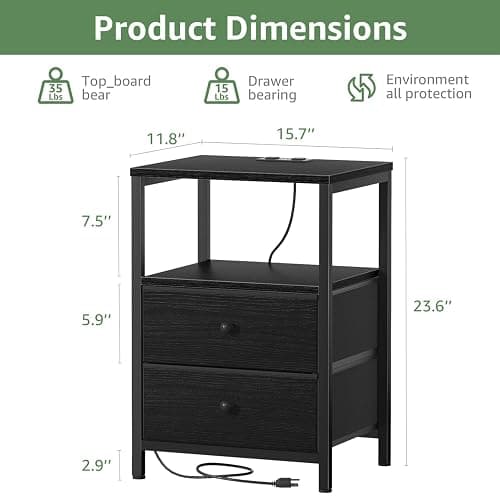 BOLUO Black Nightstand with Charging Station, LED Night Stand with 2 Fabric Drawers, Bedside Table with USB Ports and Outlets, Nightstand for Bedroom Modern thumbnail 3