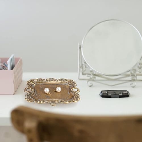 Vintage Decor for Home Bathroom Accessories Small Jewelry Tray Antique Ring Dish French Country Gold Trays Cute Brass Trinket Jewelry Plate Display Holder Baroque Moody Bedroom Wedding Decor Tray thumbnail 2