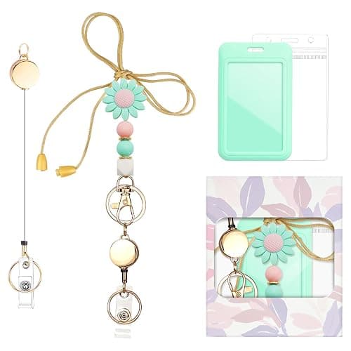 Colorful ID Badge Holder with Silicone Beads Lanyard Set,Cute Teacher Breakaway Lanyard for Keys & Keychain with Cute Retractable Badge Reel Holder,Gift for Women,Nurse, Teacher. (Daisy 1) - Image 1