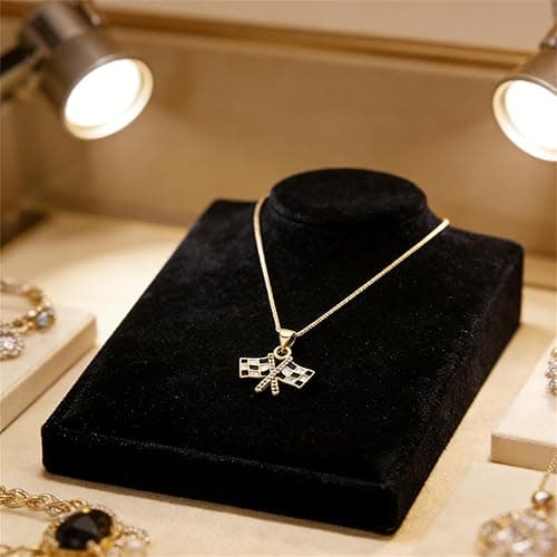 QLYOVWE Checkered Racing Flag Pendant Necklace for Women and Racing Fans Black and White Enamel Crystal Necklace Gold Fashion Jewelry Gifts thumbnail 7