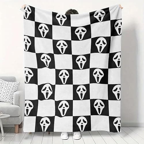 YWZDS Spooky Face Throw Blanket, Black and White Checkered Pattern, Halloween Ghost Blankets Fuzzy Gifts for Sofa Couch Bedroom (60 * 80 inch) thumbnail 2