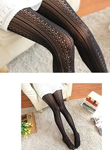 SurBepo Women Fishnet Hollow Out Knitted Patterned Thick Warm Stockings Tights Vertical Strips Pantyhose For Female thumbnail 5