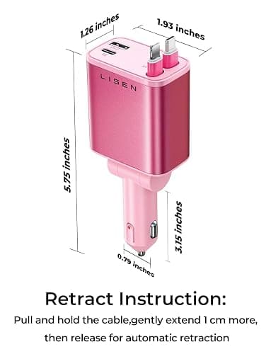 LISEN Retractable Car Charger, 84W Car Charger USB C Fast Charger Adapter, Car Accessories for Men Women, Gifts for Fathers Day for Men Dad Husband, for iPhone 17 16 15 14 13 12 Pro Max, Pink-White thumbnail 8