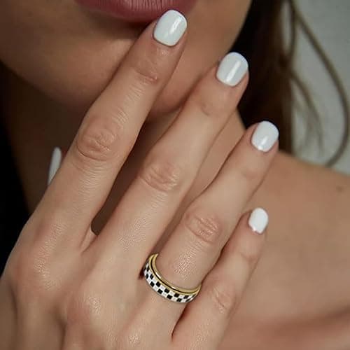 AmorArtSky Checkered Fidget Ring for Adults - 18K Gold Plated Stainless Steel Rotating Spinner Jewelry, Anxiety & Stress Relief Gift for Women/Men (Black and White Pattern) thumbnail 2