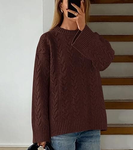 Okiwam Women's Oversized Sweaters Crewneck Cable Knit Pullover Casual Loose Fall Outfits Fashion Clothes 2025 thumbnail 5