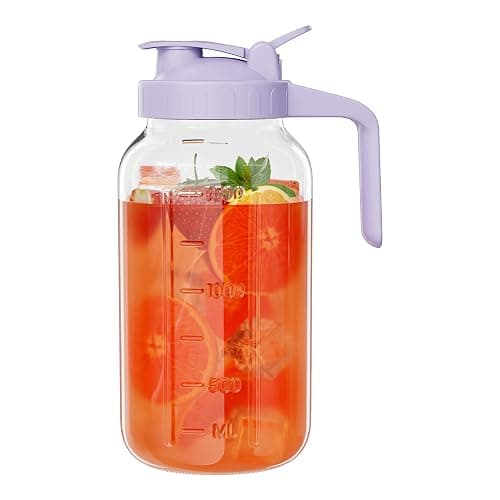 Glass Mason Jar Pitcher, 64 oz Wide Mouth Jug with Pour Spout Handle Lid for Cold Brew Coffee, Ice Beverage, Iced Juice, Lemonade, Sun Tea, Fruit Drinks Container(Purple) - Image 1