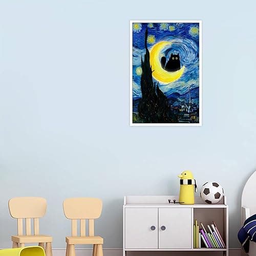 Funny Starry Night Cat Poster Cute Abstract Animal Canvas Wall Art Black Cat On The Moon Whimsical Aesthetic Prints Painting For Living Room Bedroom Gallery Wall Decor 12x16in Unframed thumbnail 7