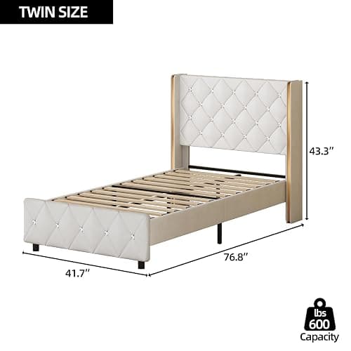 HOMBCK Twin Size Leather Bed Frame with Goldside Wingback Headboard, White | Modern Style, Bed Frame Twin with Velvet Upholstered Headboard, Diamond Tufted Design, No Box Spring Required, Easy Assembly thumbnail 2