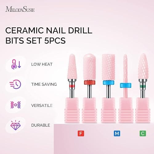 MelodySusie Ceramic Nail Drill Bits Set, 3/32'' (2.35mm) Professional Acrylic Nail File Drill Bit for Manicure Pedicure Cuticle Gel Nail Polishing, 5Pcs, Pink thumbnail 2