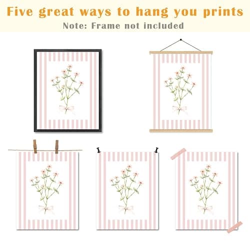 JINYO Coquette Pink Bow Floral Wall Art Prints Set of 4, Floral Room Decor, Preppy Pink and White Striped Flower Posters Pictures Wall Decor for Girls Room Bedroom Dorm Home, 8x10 Unframed thumbnail 3