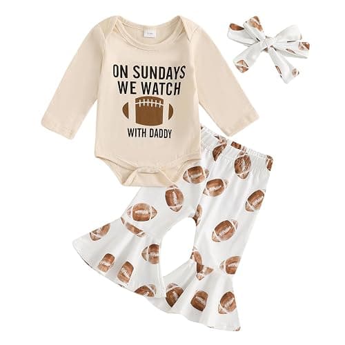 Vicaankue Newborn Baby Girl Football Outfit On Sundays We Watch Football with Daddy Romper and Bell Bottom Pants Headband Set - Image 1