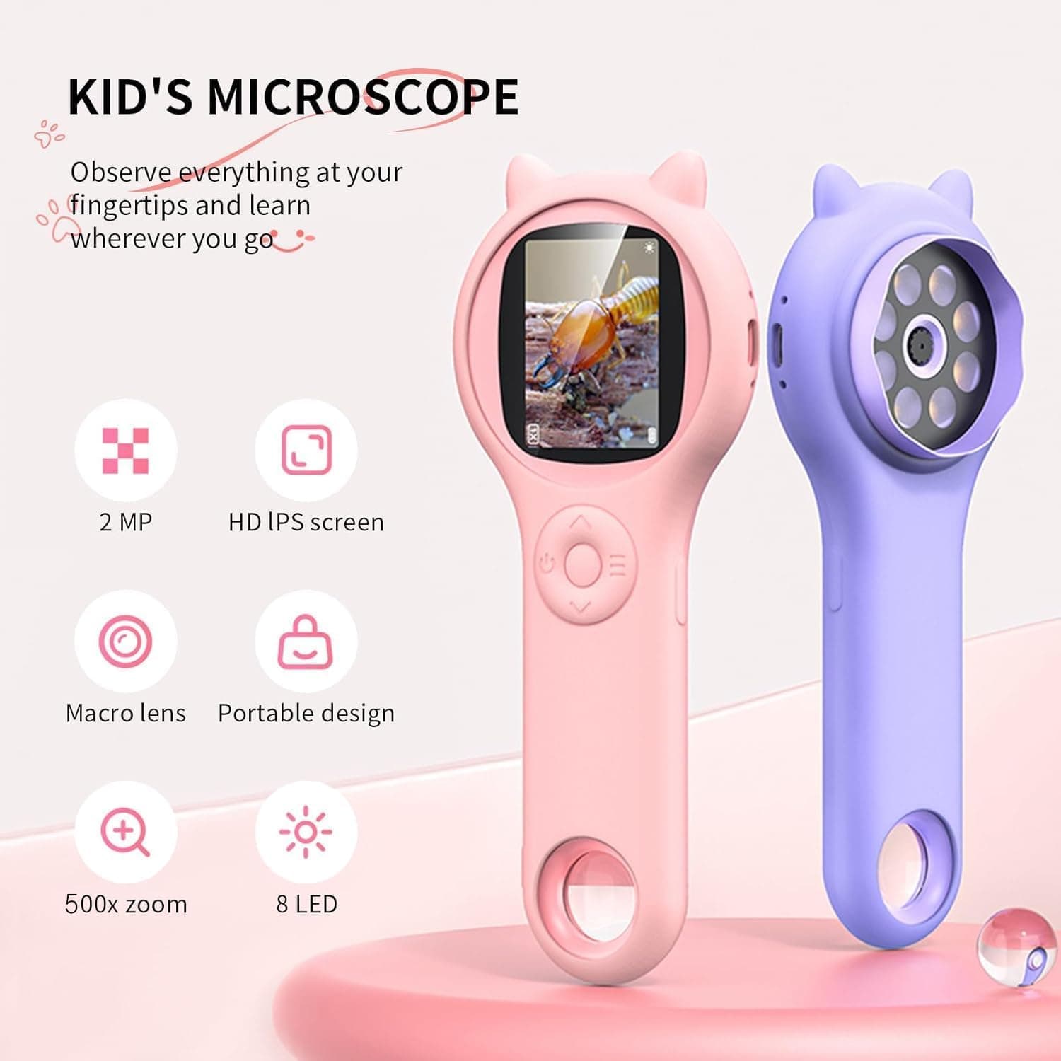 Handheld Microscope for Kids, Lightweight Digital Microscopes for Kids,500X Handheld, 3 Levels Adjustable LED Lights,Educational Hand Held Microscope for Children Students (Pink) thumbnail 4