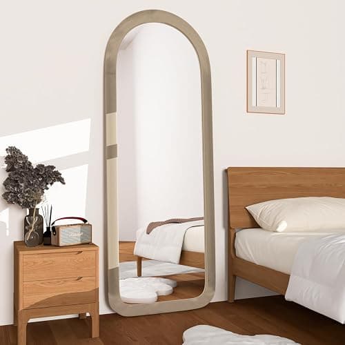 NEUWEABY Full Length Mirror 56"x20" Arch Floor Mirror with Stand Arched Full Body Mirror Standing Hanging or Leaning Against Wall for Bedroom Flannel Wrapped Wooden Frame Milk Tea thumbnail 3