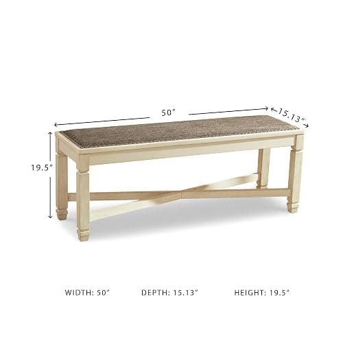 Signature Design by Ashley Bolanburg Casual French Country Upholstered Dining Room Bench with Nailhead Trim, Heavy Woven Fabric, Wood, Antique White & Tan thumbnail 3