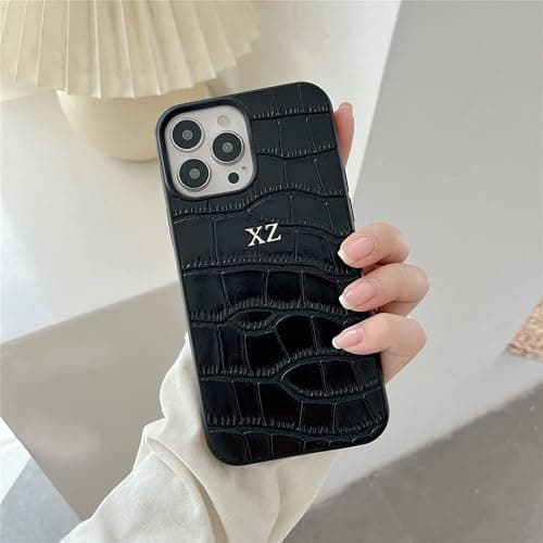 Personalise Gold Silver Initial Letters PU Leather Crocodile Case for iPhone 15 16 17 Pro Max 14 16 17 Pro 14 15 Plus 14 12 13 Pro Max 17 air X Xs Max 11 Pro Max XR Phone Case (Black) thumbnail 2