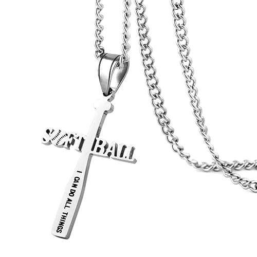 HZMAN Softball Bat Cross Pendant, I CAN DO ALL THINGS STRENGTH Bible Verse Stainless Steel Necklace - Image 1