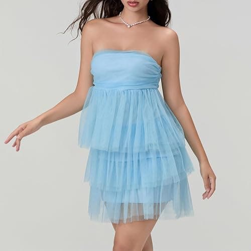 Tempura Women Strapless Tiered Dress Y2k Off Shoulder Ruffle A Line Tube Mini Dress Club Party Short Dresses thumbnail 5