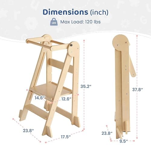 WeeGuruu Foldable Toddler Standing Tower, Height Adjustable Kitchen Tower with Safety Rails and Anti-Slip Device, Wooden Kids Kitchen Stool Helper for Ages 18 Months to 6 Years - Natural thumbnail 2