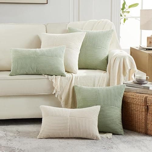 Fancy Homi 2 Packs Boho Cream Decorative Throw Pillow Covers 18x18 Inch for Living Room Couch Bed Sofa, Rustic Farmhouse Home Decor, Soft Corss Corduroy Patchwork Textured Square Cushion Case 45x45 cm thumbnail 6