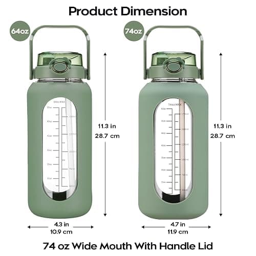 chunmo 74 oz Glass Water Bolttles with Straw Large Motivational Water Bottle with Time Marker Sports Water Bottles with Silicone Sleeve and Handle Lid 2.2L Water Jug for Gym Workout thumbnail 2