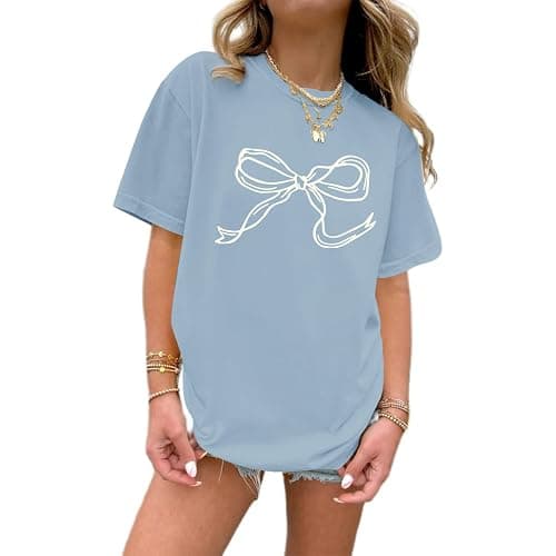 Weripoah Bow Oversized Shirts for Girls Graphic Cute Shirt for Teen Preppy Aesthetic Tshirt Girls' Summer Casual Coquette Top - Image 1