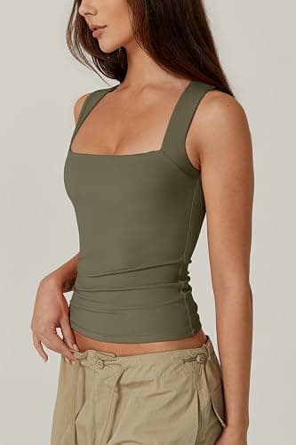 QINSEN Women's Square Neck Sleeveless Double-Layer Tank Tops Basic Tight T Shirts thumbnail 2