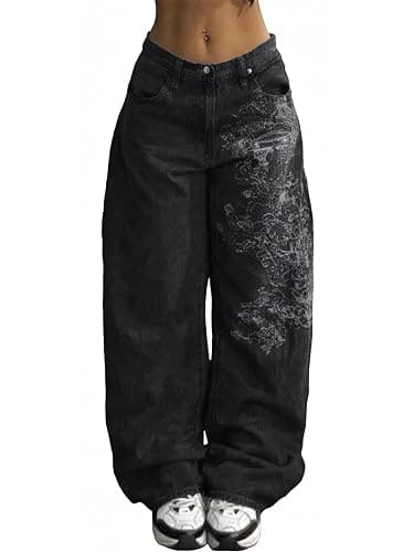 Xineicy Jeans for Women Y2k Grunge Baggy Jeans Mid-Low Waist Barrel Vintage Gothic Denim Pants Streetwear - Image 1