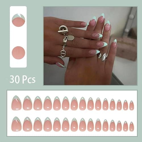 30Pcs Mint Green Press on Nails French Tip Fake Nails Short Almond Shape Acrylic False Nails Natural Artificial Glue on Nails Press on Nude Pink Stick on Nails DIY Art for Women Girls thumbnail 4
