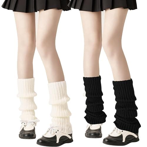 Czdtq 2 Pairs White Black Leg Warmers, Ribbed Knitted Leg Warmers, 80s for Women Girls Lady Y2k Ribbed Knitted Legs, Fashion Long Boot Cuff Knee Socks Legwarmers Ladies - Image 1