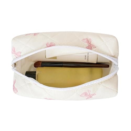 Gleyemor Small Quilted Makeup Bag for Women, Cute Floral Bow Cosmetic Bag, Emergency Bag Travel Toiletry Cotton Pouch Gifts for Girls Her Mom Friend Sister Bridesmaid (Small Pink Bowknot) thumbnail 3