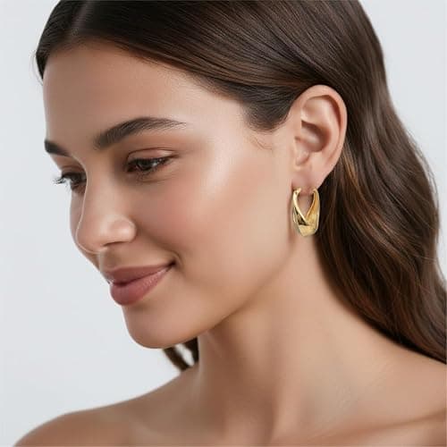 RYHIX Gold Plated Hoop Earrings for Women 14K Gold Plated Earrings for Women 14 Karat Hoops Earring Hypoallergenic Twisted Irregular-Shaped Design Hoops Earring for Womens 25mm thumbnail 6