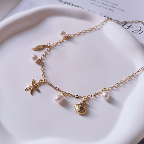 Rumgey Charm Necklace for Women - Dainty Paperclip Beach Charm Necklace Cute Shell Necklace Moon Star Accessory Beach Cross Hexagram Pendant Preppy Stuff Summer Jewelry for Women thumbnail 5