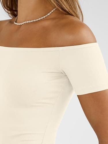 Trendy Queen Summer Off The Shoulder Tops for Women Going Out Short Sleeve Shirts Cute Y2K Sexy Basic Clothes 2026 Fashion thumbnail 5