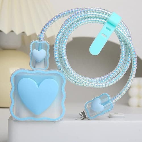 QLD COVER Compatible with iPhone 18W/20W USB-C Charger Cover Lovely 3D Love Heart Waves Clear Soft Charger Protector Cute Cable Saver for iPhone 11 12 13 14 Pro Max Fast Power Adapter, Blue 1 (5in1) thumbnail 4