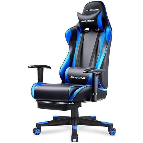 GTRACING Gaming Chair with Footrest, Ergonomic Computer Game Desk Chair, Reclining Gamer Chair Seat Height Adjustment, Swivel Rocker with Headrest and Lumbar (Navy Blue) - Blue