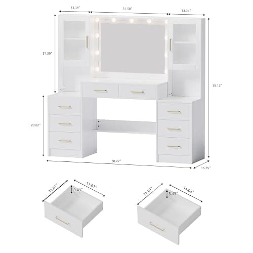 TOKSOM 58.3”Vanity Desk with Mirror and Lights & Charging Station, Bedroom Dressing Table, Large Vanity Set, 8 Drawers and 2 Cabinets, Makeup Vanity Table with Charging Station, Without Stool thumbnail 2