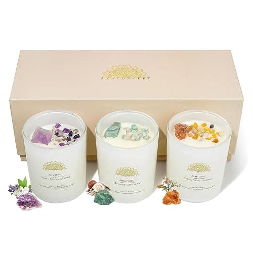 Healing Crystal Candles Gift Set for Women, 3 Pack Aromatherapy Soy Candles with Real Amethyst Amazonite Sunstone, Lavender Jasmine Coastal Breeze Scented Candles, Meditation Chakra Energy - 3.5oz - Image 1