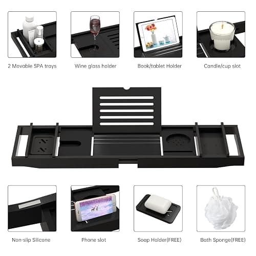 Bamboo Bathtub Tray for Luxury Bathroom, Expandable Premium Bath Tray w/Soap Towel Book Holder, Adjustable Bath Accessories for Tub,Extendable Tub Tray with Wine Glass Cup Organizer 29.5"-43.3" Black thumbnail 4