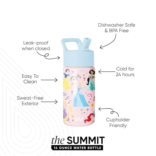 Simple Modern Disney Princess Kids Water Bottle with Straw Lid | 14oz Insulated Stainless Steel Kids Tumbler & Spill Proof Toddler Cup for School, Girls, Boys | Summit | Princess Rainbows thumbnail 3