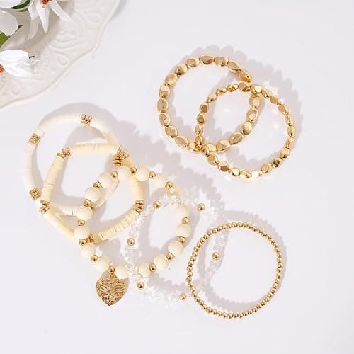 GOOJIDS Surfer Heishi Clay Bead Bracelets for Women Bohemian Stackable Gold Plated Beaded Stretch Bracelets Elastic Layering Friendship Bracelets Set Boho Jewelry thumbnail 3