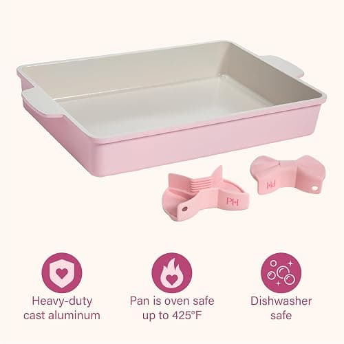 Paris Hilton Deluxe Roasting Pan Set, Heavy Duty Nonstick Bakeware with Silicone Handle Grips, 13"x9", Pink thumbnail 6