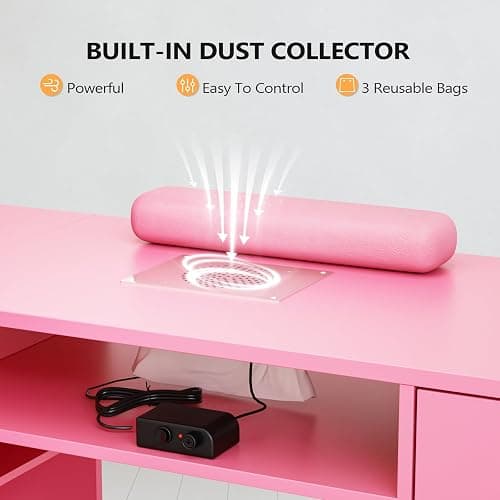 OmySalon L Shaped Manicure Table with Dust Collector, 52" L Corner Nail Desk for Nail Techs, w/Polish Display Rack Arm Rest, Acetone Resistant Top, Drawer and Cabinet Storage, for Nail Salon (Pink) thumbnail 6