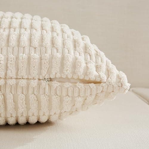 Fancy Homi 2 Packs Boho Decorative Throw Pillow Covers 18x18 Inch for Living Room Couch Bed Sofa, Rustic Modern Farmhouse Home Decor, Soft Corduroy Cream Square Cushion Case 45x45 cm thumbnail 3