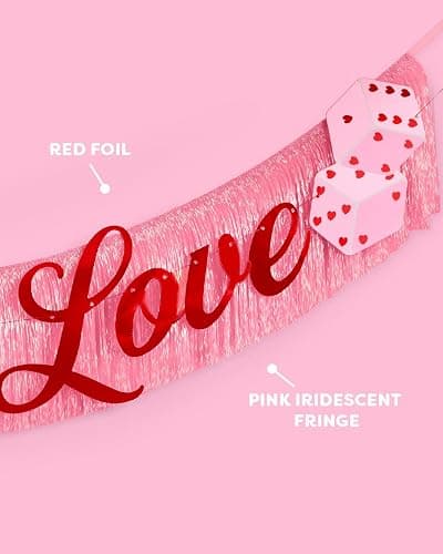 xo, Fetti Lucky in Love Fringe Banner - Red Foil & Pink Iridescent, 5 Ft. | Western Bachelorette Party Decoration, Vegas Sign, Casino Photoshoot Backdrop, Cute Cherry Decor thumbnail 4
