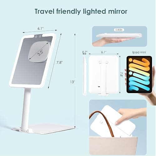 7.8" x 6.1" Rechargeable Travel Makeup Mirror with Lights and Small 10X Magnification, Foldable Stand with Adjustable Height & Angle, 3 Light Colors LED Lighted Vanity Mirror (White) thumbnail 2