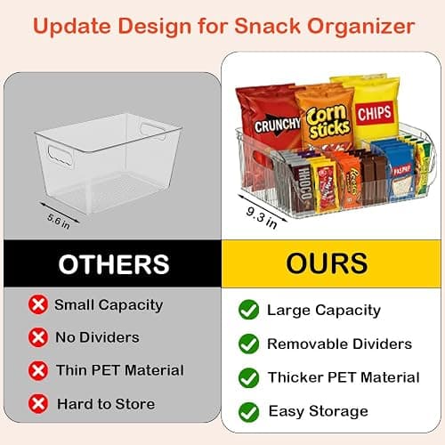 Wenscis Large Snack Organizer for Countertop, 13.7"×9.3"×6" Clear Plastic Snack Storage Bin for Kitchen Pantry, 6 Compartment Snack Bar with Dividers for Cabinet, Chip Packet Holder for Office thumbnail 5