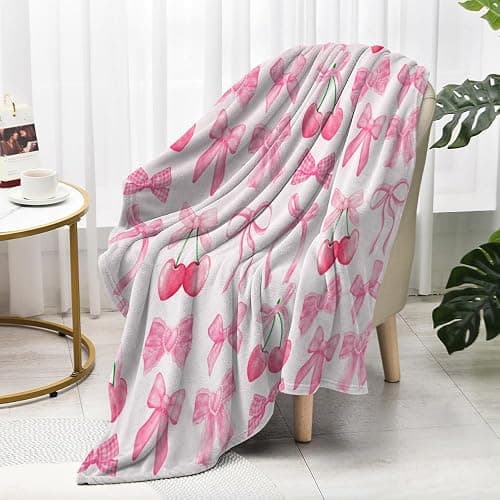 Reateforin Pink Cherry Bow Throw Blanket Back to School Decorations Soft Dorm Room Essentials Gifts for Students Girls Boys Lightweight Coquette Bow Cherry Aesthetic Blanket for Couch Sofa Bed 50"x60" thumbnail 5
